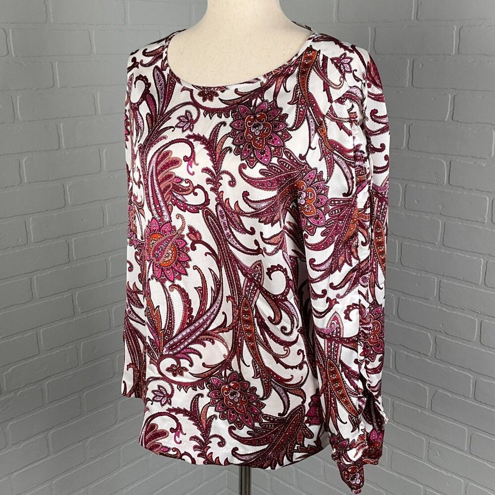 Liz Claiborne Blouse Women Large Pink Paisley Ruffle Sleeve Keyhole Career Party